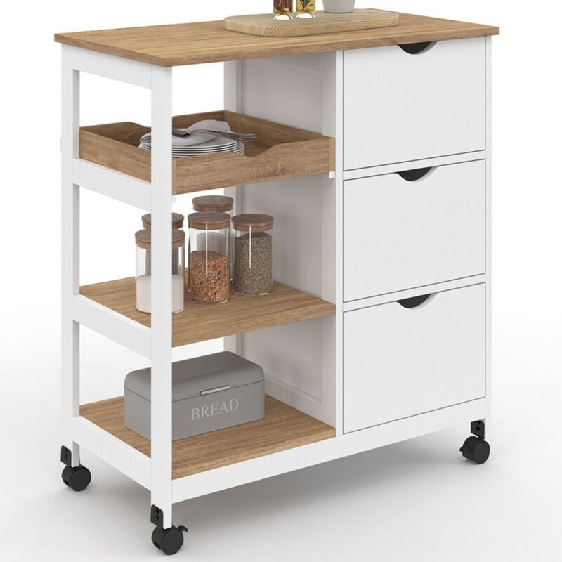 Küchenwagen MUNA 3 Körbe + 1 abnehmbares Tablett in Weiß und Bucheffekt B.76 cm