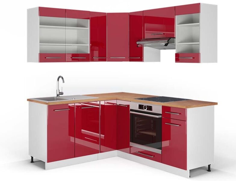 Vicco - Eckküche Fame-Line, Bordeaux Hochglanz/Weiß, 160 x 190 cm , ap Eiche