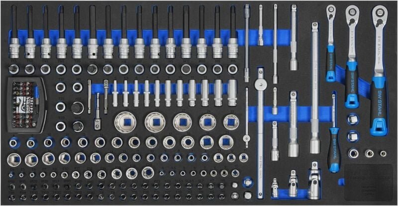 SW-Stahl Z3011-3 Werkstattwagensortiment, Steckschlüssel 1/4', 3/8', 1/2', mit Ratschen, 167-teilig I Werkzeugwagen Einl...