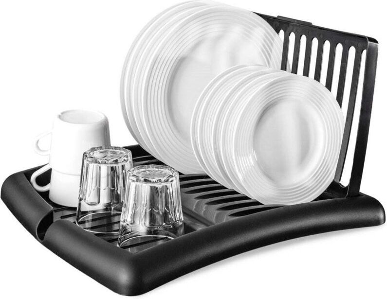 Extendable black dish rack with space for plates and glasses