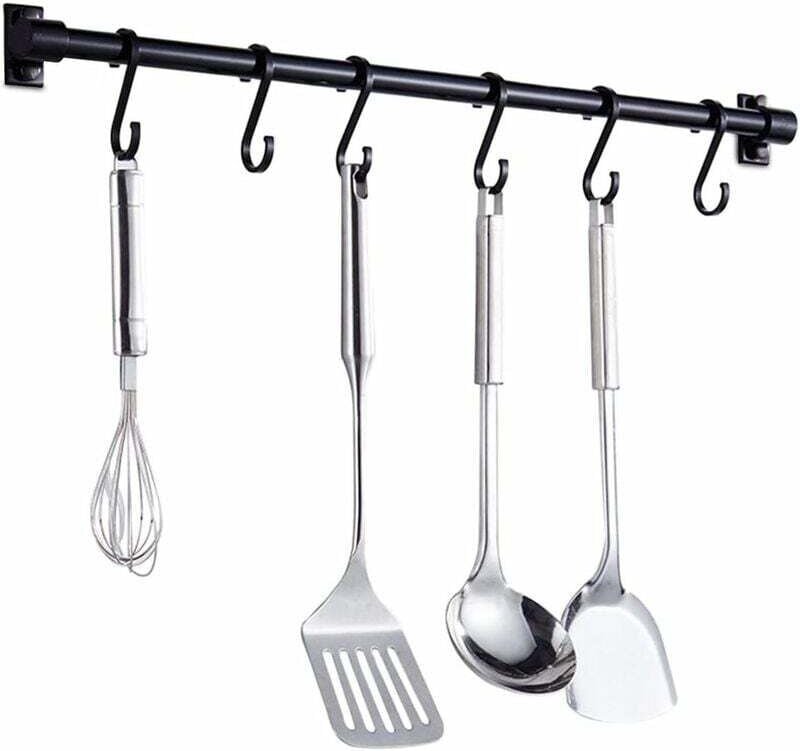 Küchenutensilien-Wandregal, 40 cm, Küchenregal mit 6 abnehmbaren Haken, Wandregal für Küchenutensilien (schwarz)