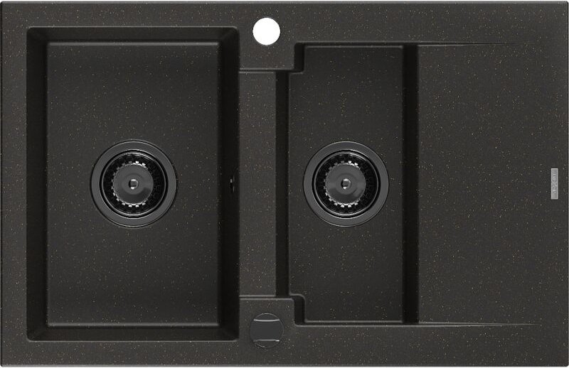 Gaspar 1,5-Becken-Granitspüle mit Abtropffläche 737 x 475 mm, Schwarz/Gold metallisch, Siphon - Mexen