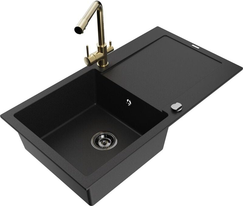 Leo 1 Becken-Granitspüle mit Abtropffläche und Mischbatterie Duero, Schwarz - 6501-77-671600-5 - Mexen