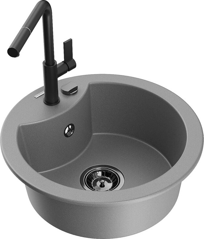 Diego 1-Becken-Granitspüle mit Mischbatterie Flora, Grau - 6512-71-670401-70-B - Mexen