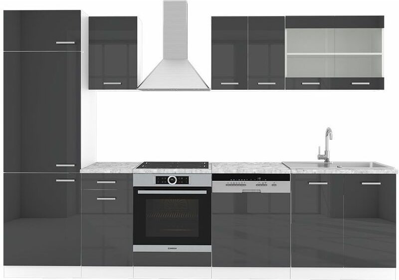 Vicco - Küchenzeile R-Line, Anthrazit Hochglanz/Weiß, 300 cm , ap Marmor