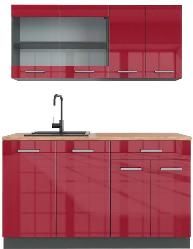 Vicco - Singleküche R-Line, Bordeaux Hochglanz/Anthrazit, 140 cm , ap Eiche