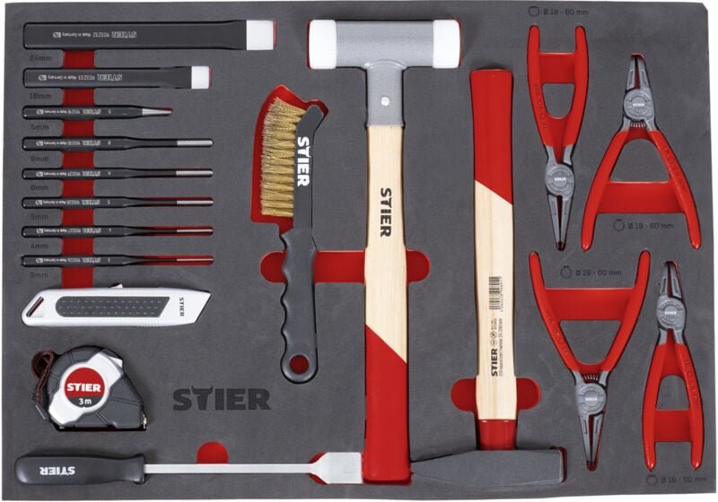 Werkzeugsatz, 18-tlg, in Weichschaumeinlage (eva), für den Werkstattbedarf, inkl. Splintentreiber Meißel Hammer Cutterme...