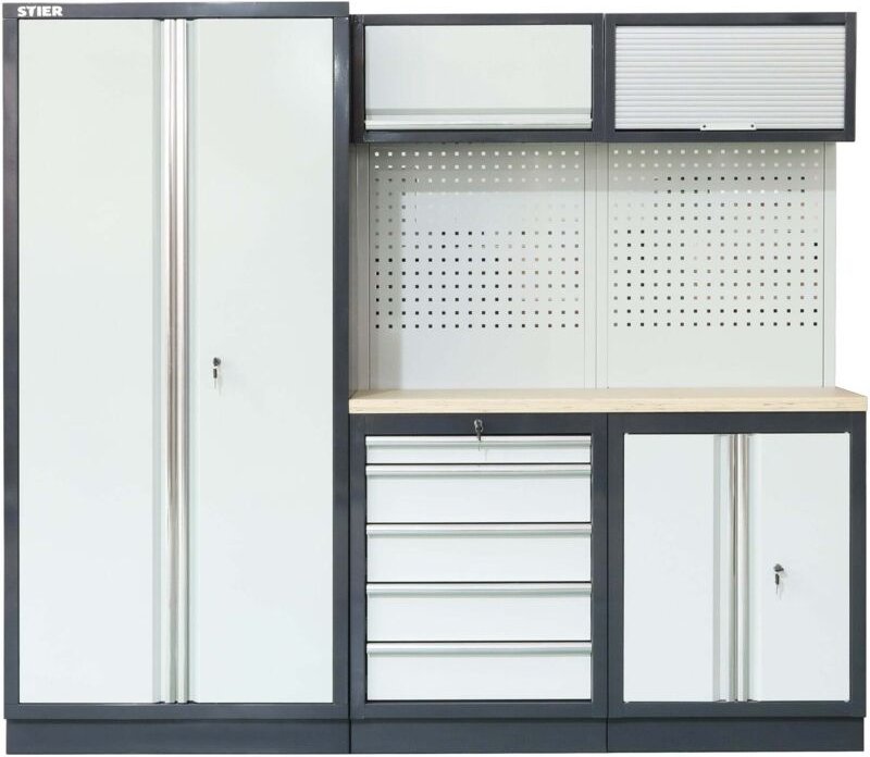 Werkstatteinrichtung Basic, 3-teilig, modular, mit Lochwand und Multiplex-Arbeitsplatte, BxTxH 2275x460x2000mm - Stier