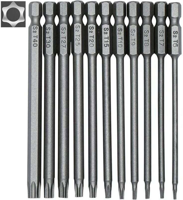 11-teiliges langes Torx-Schraubendreher-Bit-Set – magnetische Bits – 1/4-Zoll-Sechskantschaft – Größen T6 bis T40 – 100 ...