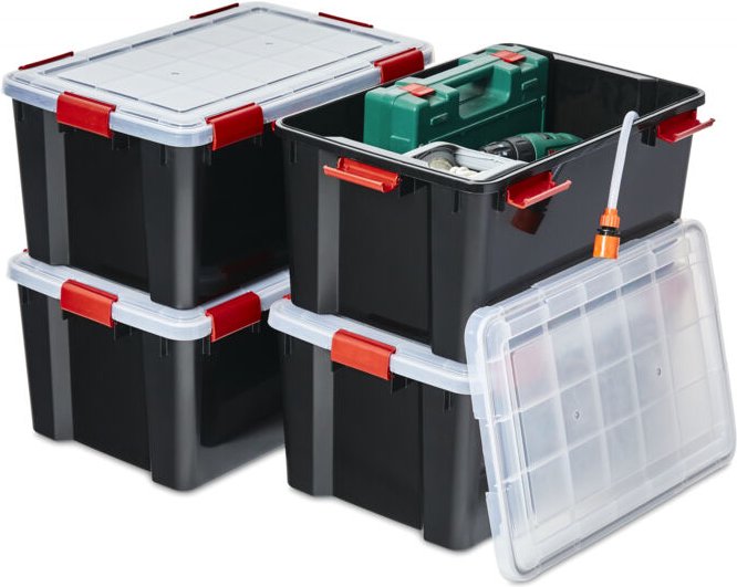 Luftdichte Kunststoff-Aufbewahrungsboxen mit Deckel, 50L, 4er-Set, Schwarz, Hermetischer wasserdichter Verschluss, Robus...