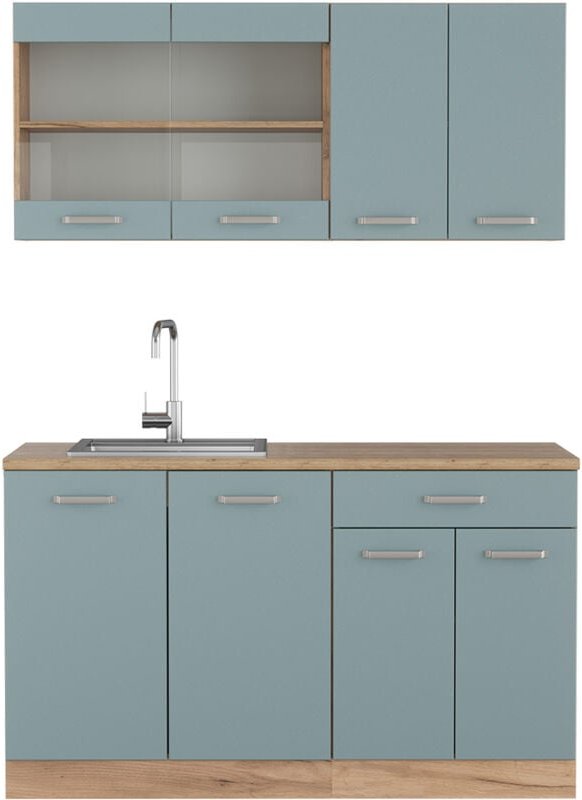 Thumbnail - Vicco - Singleküche R-Line, Blau-Grau/Goldkraft Eiche, 140 cm , ap Eiche