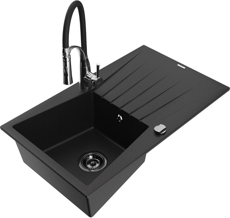 Cesar 1 Becken-Granitspüle mit Abtropffl√§che und Mischbatterie Aster, Schwarz - 6514-77-73450-07-B - Mexen