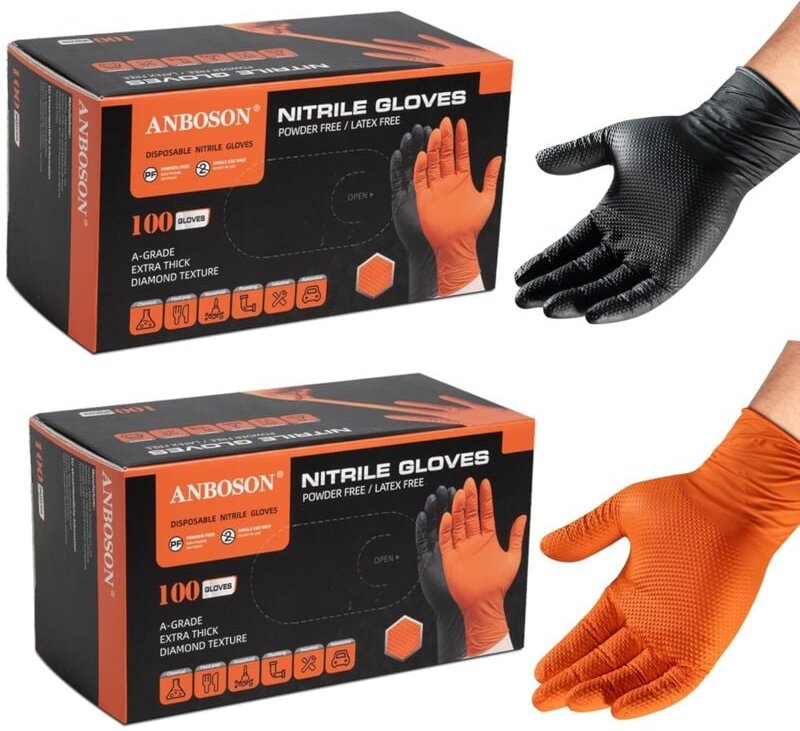 Gants en nitrile très résistants avec texture diamantée (noir, taille L, 100 unités) + (orange, taille L, 100 unités)