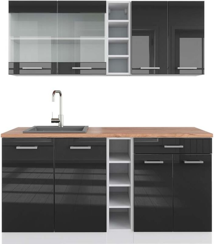 Vicco - Singleküche R-Line, Anthrazit Hochglanz/Weiß, 160 cm , ap Eiche