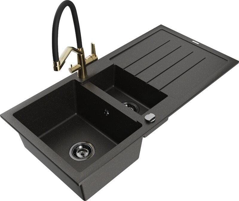Mexen Andres 1,5-Becken-Granitspüle mit Abtropffläche und Mischbatterie Duo, Schwarz/Gold metallisch