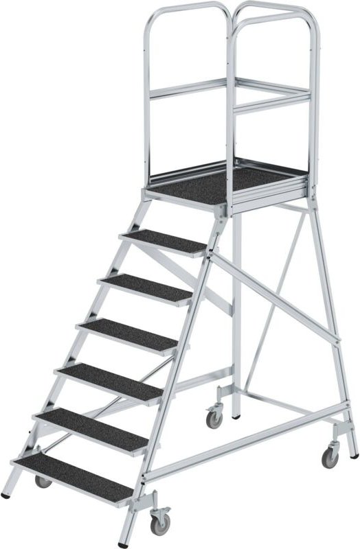 Günzburger Steigtechnik - Podesttreppe einseitig begehbar mit Federrollen Korundbeschichtung R13 7 Stufen - 054107