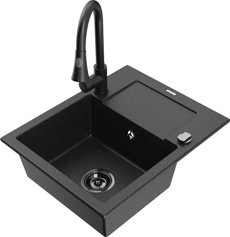 Enzo 1 Becken-Granitspüle mit Abtropffläche und Mischbatterie Elia, Schwarz/Silbermetallic - 6 - Mexen