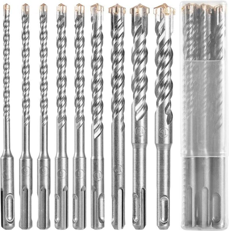 Thumbnail - SDS-Betonbohrer, 9-teilig (5 mm 16 x 160 mm), Fliesenbohrer, Bohrer-Set und Meißel für einen Perforator, Kreuzbohrer für...