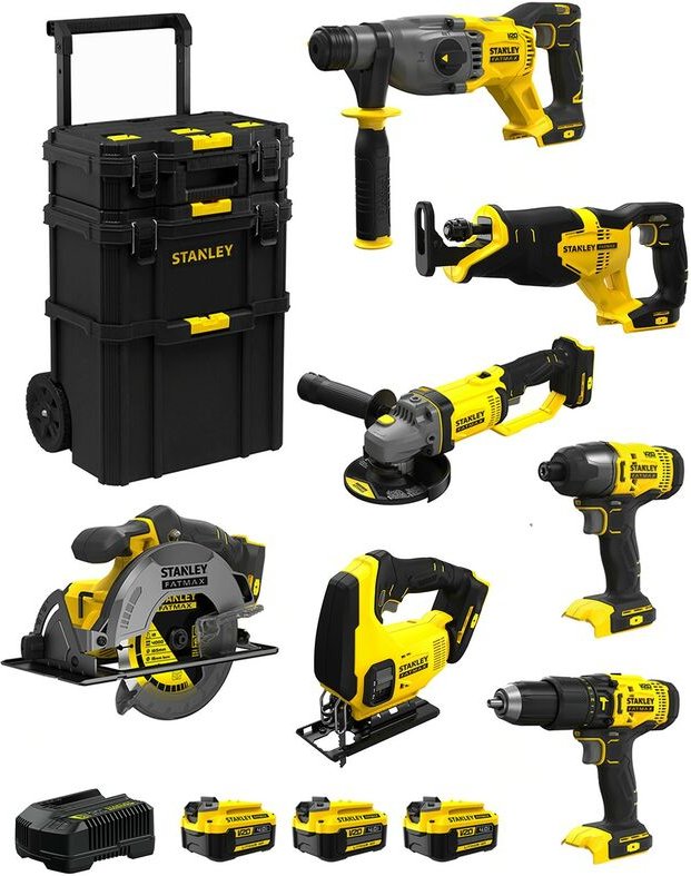 Stanley - FatMax Kit SVK703 (SFMCH900 + SFMCG400 + SFMCD711 + SFMCF800 + SFMCS500 + SFMCS600 + SFMCS300 +3x4,0Ah+Ladeger...