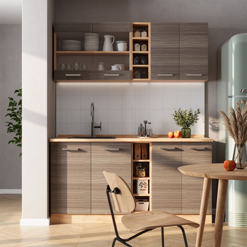 Vicco - Singleküche R-Line, Edelgrau/Goldkraft Eiche, 160 cm , ap Marmor