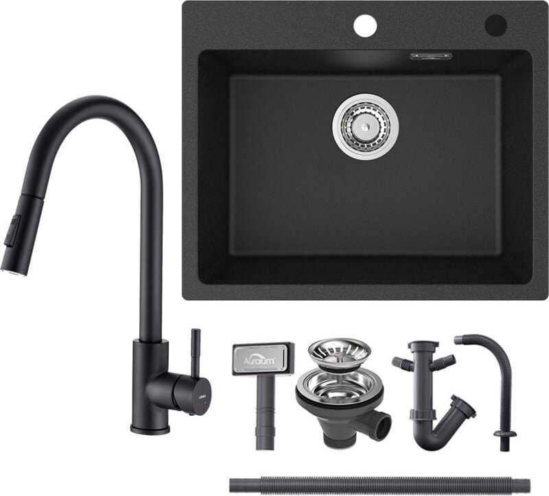 Granitspüle 55 x 45 cm Spülbecken + Hochdruck Ausziehbare Küchenarmatur, für ab 60 cm Unterschrank, Schwarz - Auralum