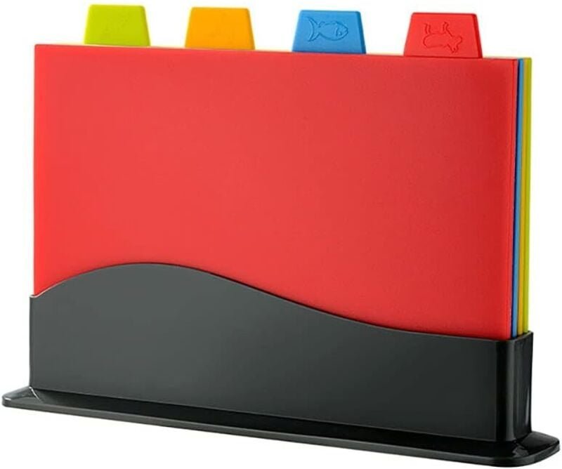 Schneidebrett – Set aus 4 extra dicken Kunststoff-Schneidebrettern mit Farbcode und Aufbewahrungsregal – einfach aufzuhä...
