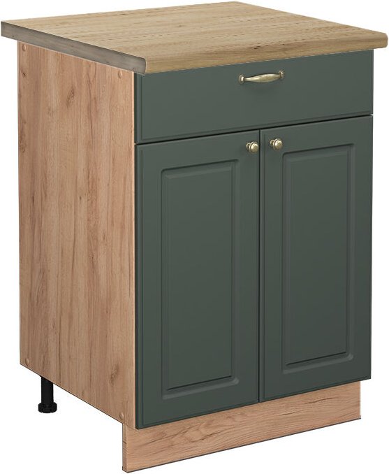 Küchenunterschrank Fame-Line, Grün-Gold Landhaus, 60 cm mit Schublade, ap Eiche Vicco