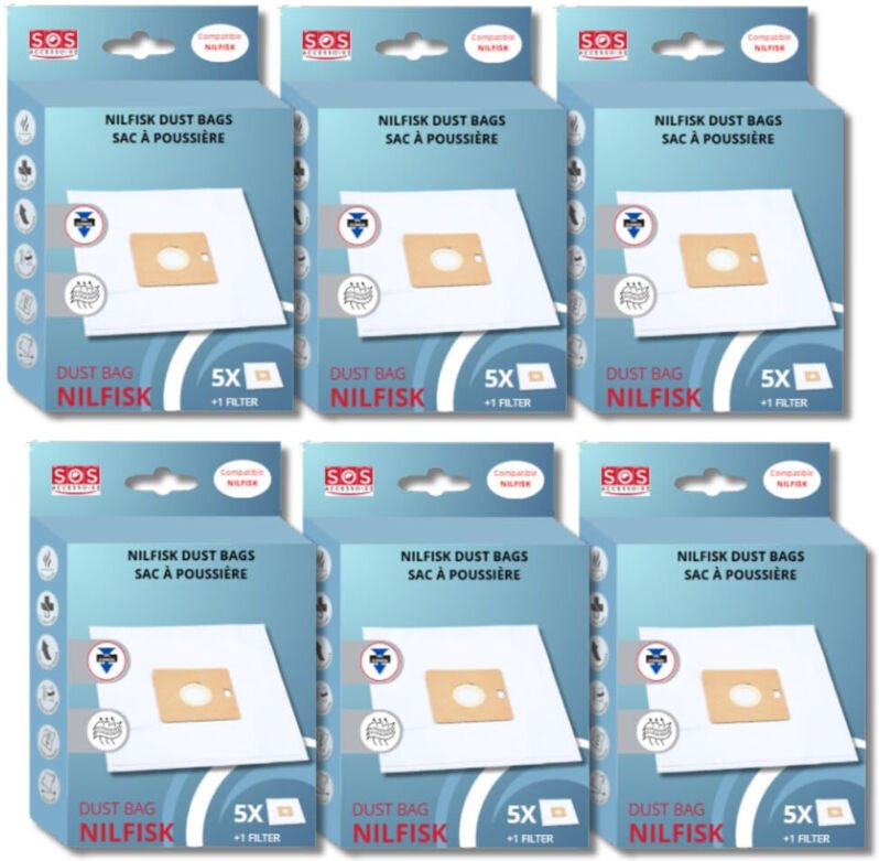 Ersatzteil - SOS Accessoire Lot de 6 boîtes de 5 sacs avec 1 pre filtre COUPE/COMPACT/GO/FORCE pour Aspirateur NILFISK 7...