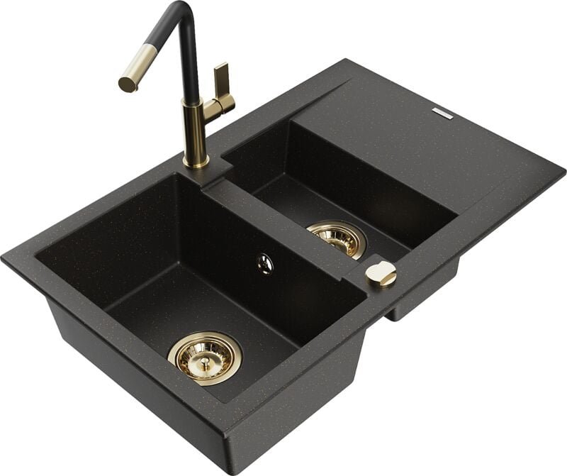 Mexen Gaspar 1,5-Becken-Granitspüle mit Abtropffläche und Mischbatterie Flora, Schwarz/gold - 6507-7