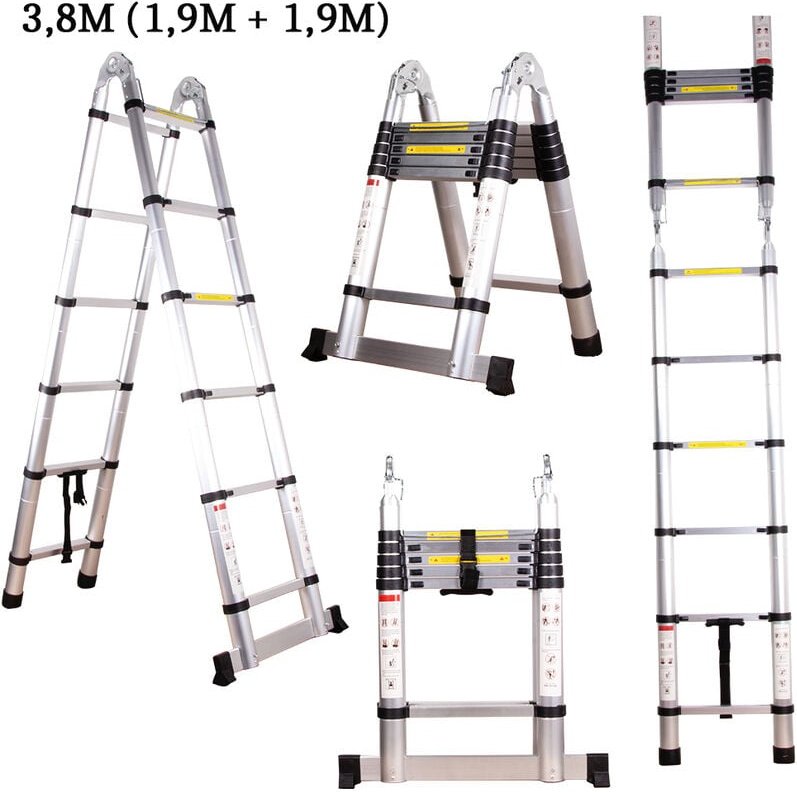 Teleskopleiter, Aluleiter Ausziehbar Klappleiter mit 12 Sprossen bis 150 kg Tragfähigkeit (3.8M/Silber)