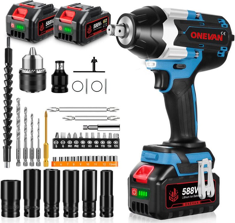 Onevan - 1800 n.m Drehschlagschrauber Akku Schlagschrauber mit 2 Batterien und 44 Zubehörteilen