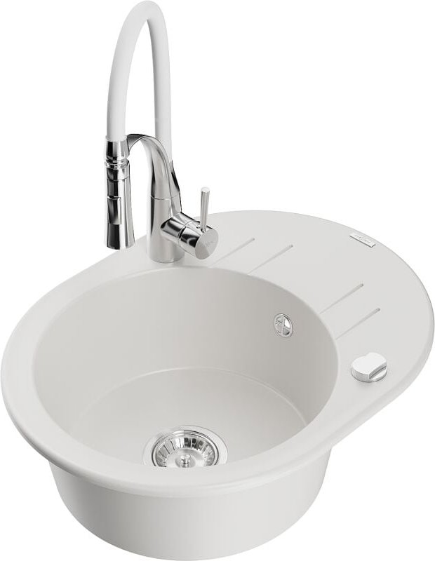 Kevin 1 Becken-Granitspüle mit Abtropffl√§che und Mischbatterie Aster, Wei√ü - 6517-20-73450-02 - Mexen