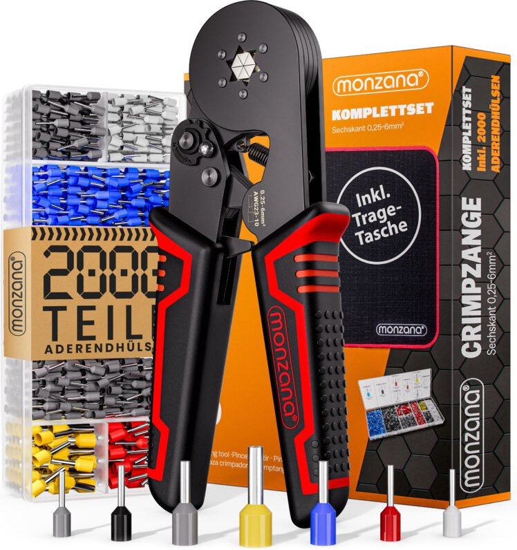 Crimpzange Sechskant 0,25-6mm² 2000tlg. Aderendhülsen Set Ergonomisch Plastikbox Carbon-Stahl inkl. Tasche Aderendhülsen...