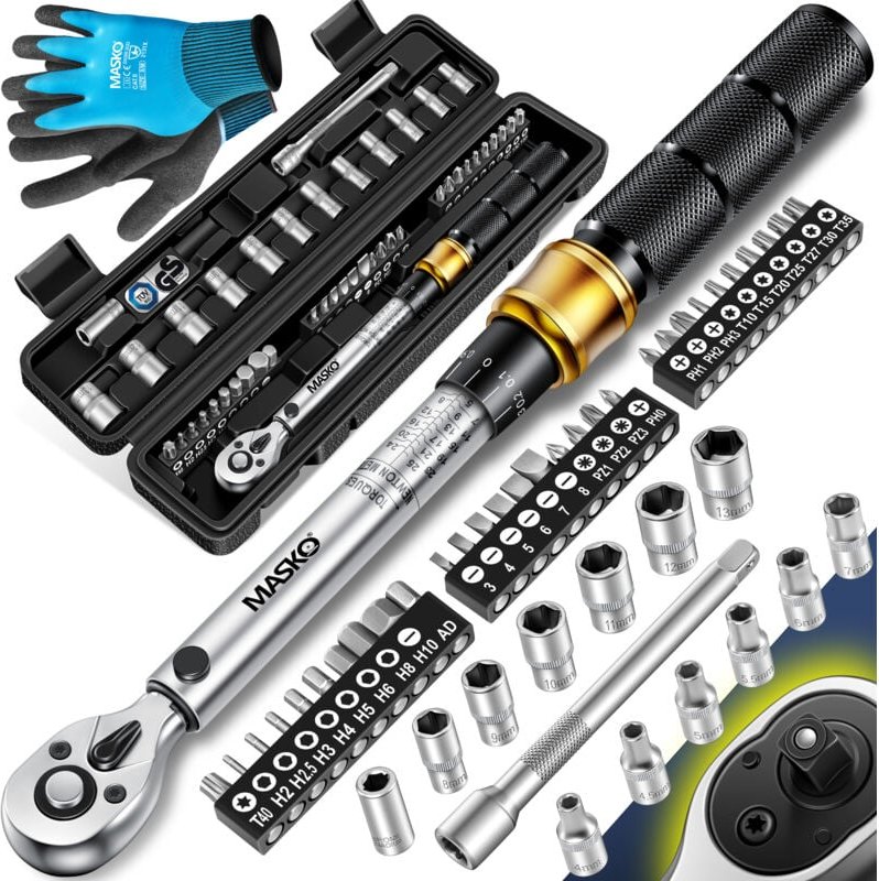MASKO® Drehmomentschlüssel 45-tlg. Set Auto Fahrrad & Motorrad 1/4 Zoll 5-25Nm inkl. Handschuhe Magnetische Zündkerzenhü...