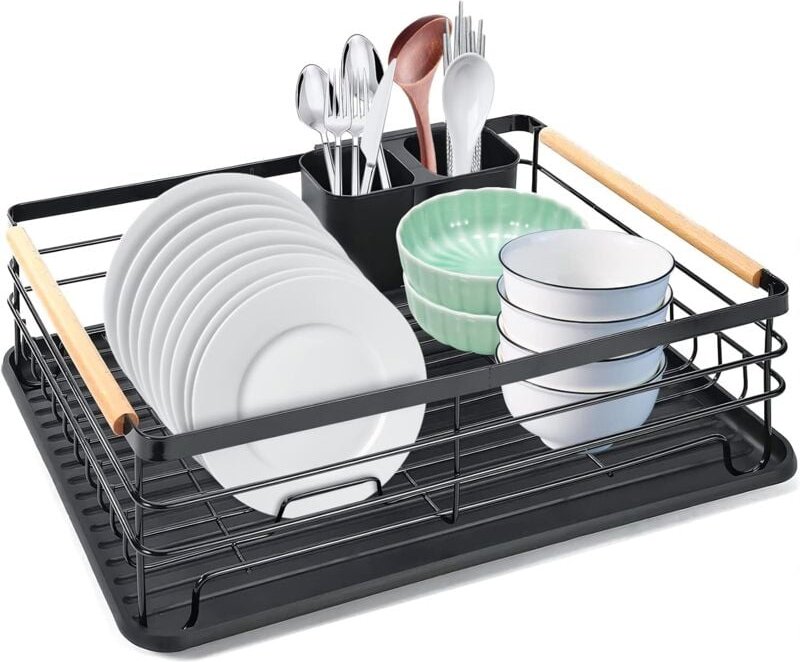 Abtropfgestell aus Edelstahl mit Besteckkorb und herausnehmbarer Tropfschale
