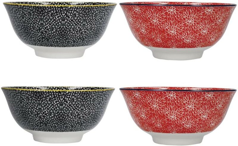 Kitchen Craft Set de 4 Schalen de glasierte Keramik, rot-schwarzes Blumendesign, 15,5 x 7,5 cm, im Karton de Geschenkset