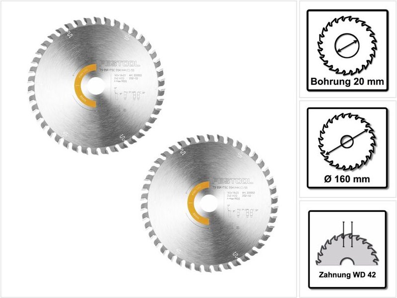 2x Kreissägeblatt Wood Fine Cut hw 160 x 1,8 x 20 mm WD42 ( 2x 205553 ) für Tauchsägen ts 55 f, tsc 55 k & Handkreissäge...