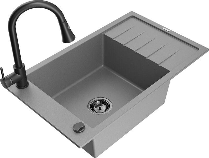 Elias 1 Becken-Granitspüle mit Abtropffläche und Mischbatterie Elia, Grau - 6511-71-670101-70- - Mexen