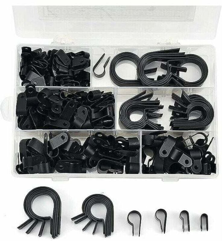 Jalleria - 200 Stück Nylon-Kabelbinder-R, P-Clips, Nylon-Kunststoffrohr-Befestigungsklemmen, Befestigungselemente für Le...