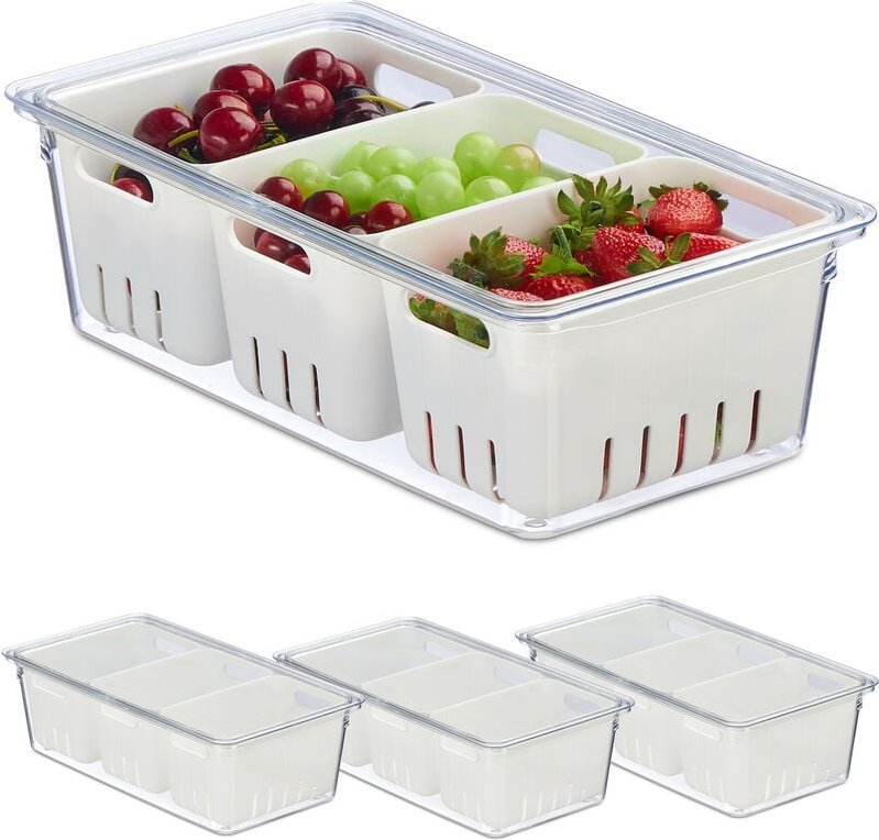 Relaxdays - Kühlschrank Organizer, 4er Set, stapelbar, 3 Abtropfkörbe, Lebensmittel Organizer mit Deckel, transparent/we...
