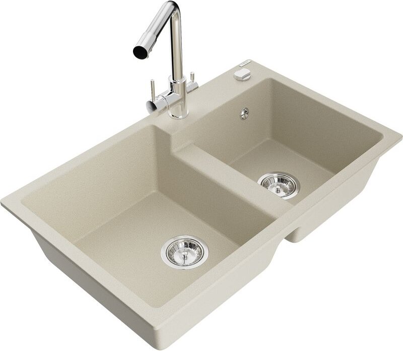 Tomas 2-Becken-Granitspüle mit Mischbatterie Duero, Beige - 6516-69-671600-00 - Mexen