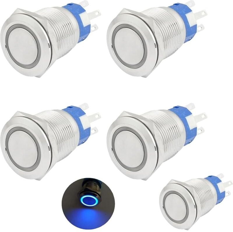 Bluedeer - 5 Stück Verriegelnder Wasserdichter Edelstahl Metall Druckknopfschalter, 16mm, 12V-24V, 3A, wasserdicht, chro...