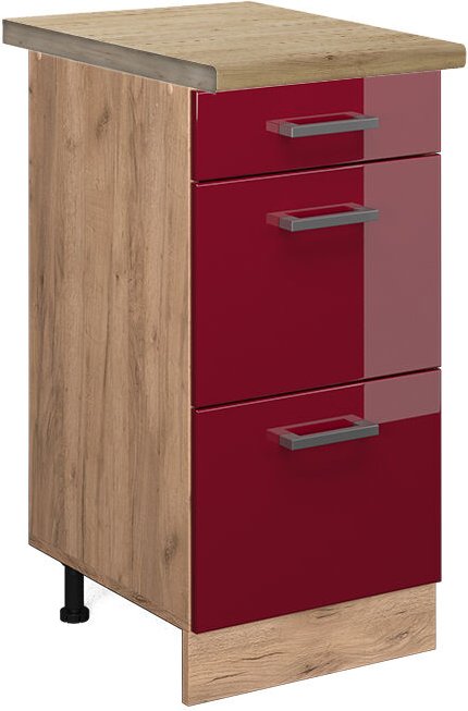 Vicco - Küchenunterschrank R-Line, Bordeaux Hochglanz, 40 cm mit Schubladen, ap Eiche