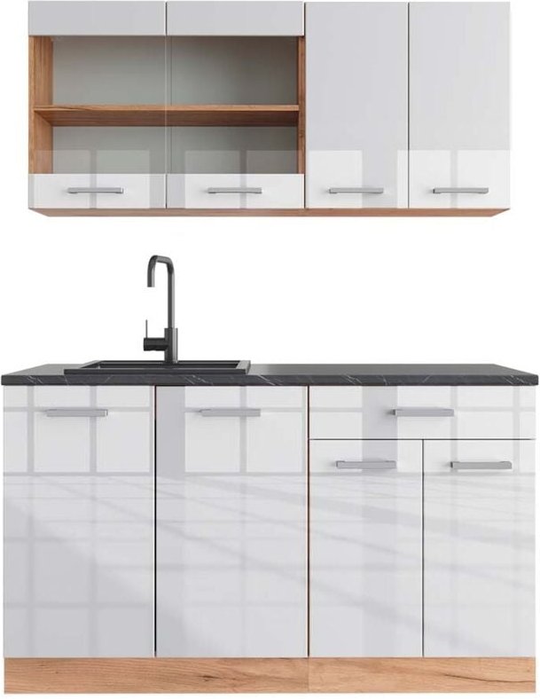 Vicco - Singleküche R-Line, Weiß Hochglanz/Goldkraft Eiche, 140 cm , ap Anthrazit