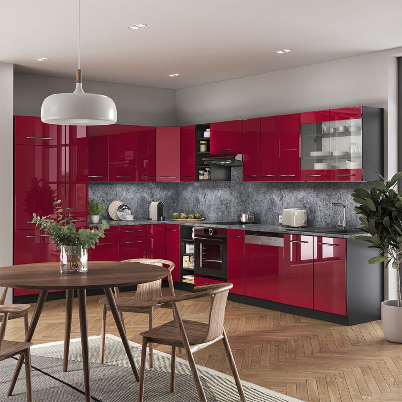 Vicco - Eckküche Fame-Line, Bordeaux Hochglanz/Anthrazit, 347 x 257 cm ohne Arbeitsplatte