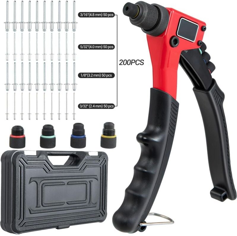 Nietpistole mit 200 Nieten, manuelle Nietenzange mit 4 werkzeuglosen austauschbaren Mundstücken und Tragekoffer, Hochlei...
