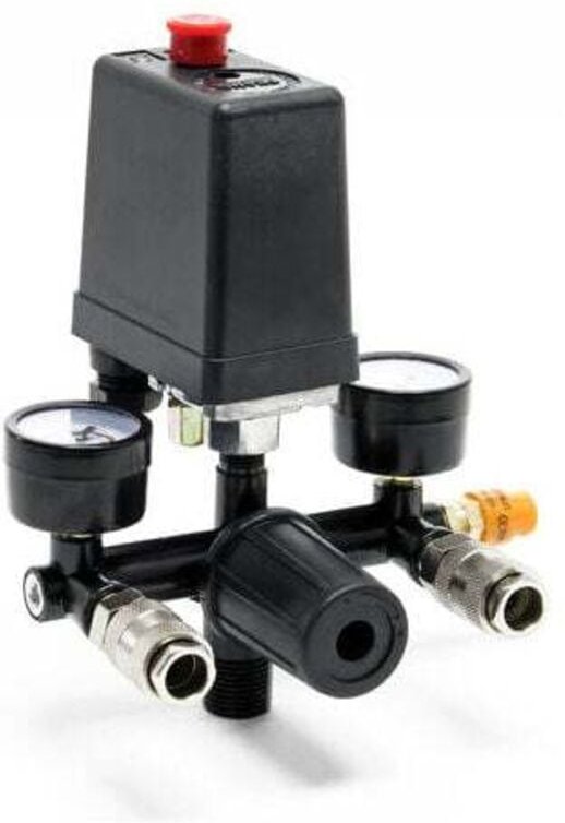 Druckregler 165 x 130 x 200 mm mit Druckschalter für Kompressor mit 2 Anzeigen, 2 Anschlüssen und Sicherheitsventil, Dru...