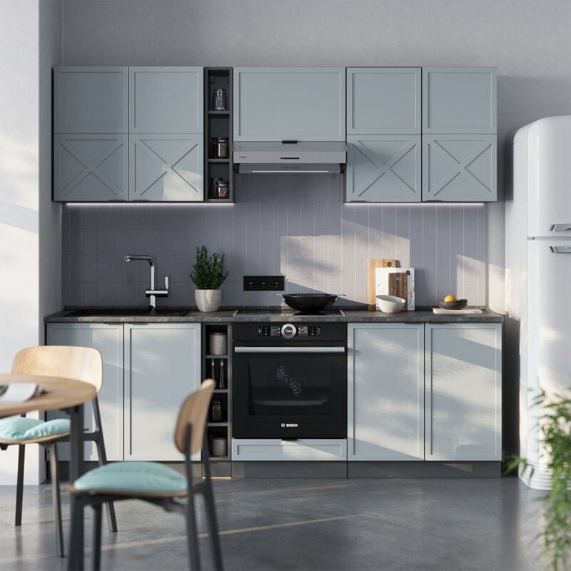 Küchenzeile Fame-Line, Hellblau-grau/Anthrazit, 235 cm , AP Marmor, Vicco