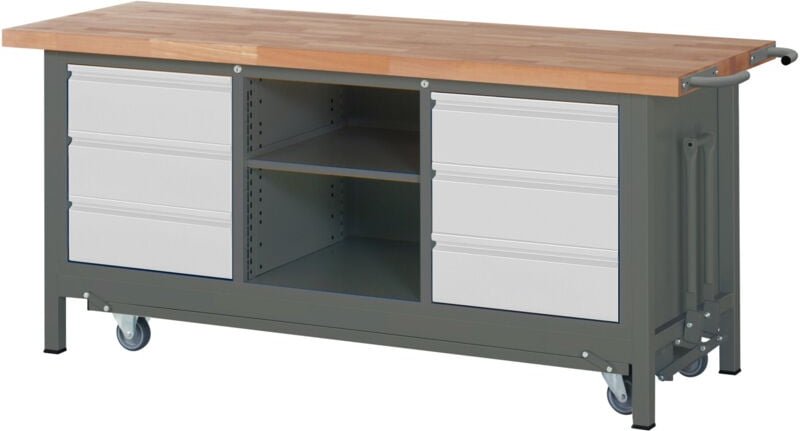 STIER Werkbank Premium mit abs. Fahrgestell, 6 Schubladen und einem offenen Fach BxTxH 2000x700x880mm