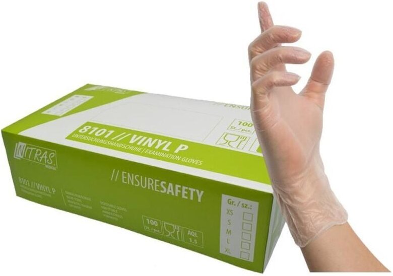 Thumbnail - 1 Box Einmalhandschuh Nitras 8101 Vinyl p transparent, gepudert (Box à 100 Stück) Gr. l